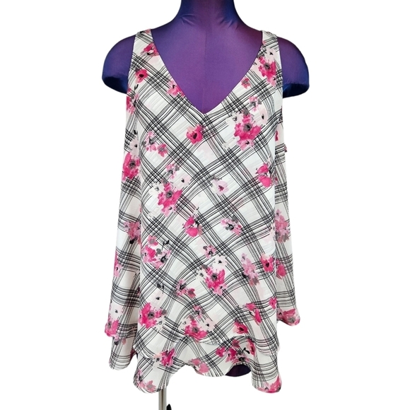 Lane‎ Bryant Black White Plaid Pink Floral Print Layered Chiffon Top Size 16 - Picture 2 of 8